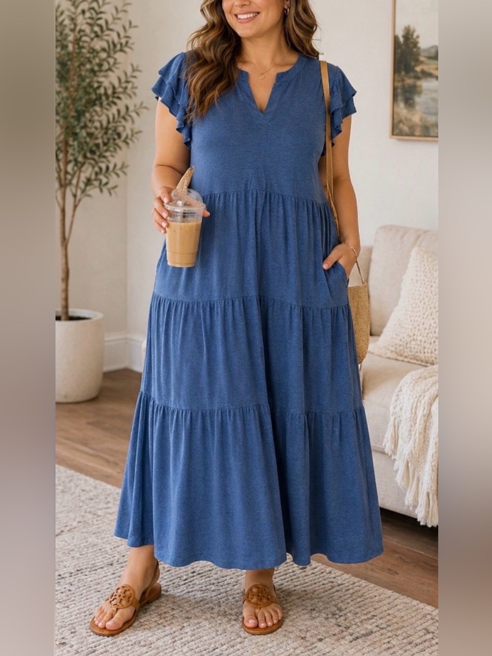 Blue Tiered Maxi Dress XXL Soft Jersey Ruffle Sleeve Casual Lounge Comfy